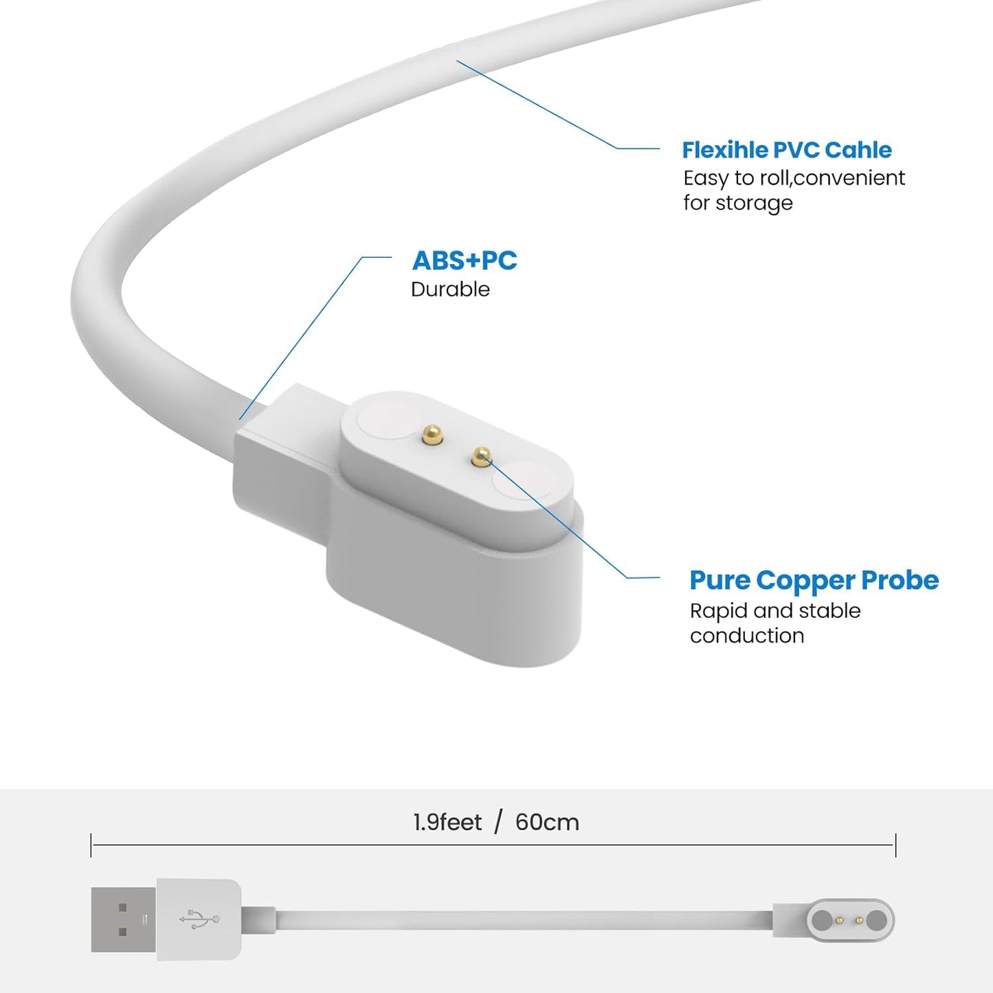 Replacement Charger for SKG V7 Pro / V7 Watch, 1.9ft USB Magnetic Charging Cord (White&White)