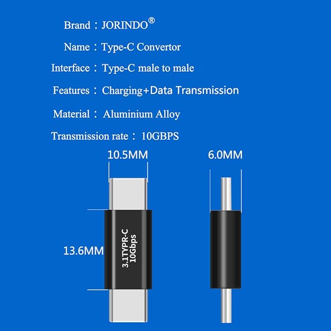 (2Packs USB C Male to Male Adapter,USB C Full-Featured,Support 10GBbps Rate, Audio and Video, Fast Charging Adapter，C-Type Double Plug，Mobile Phone Laptop USB 3.1 Charging Converter
