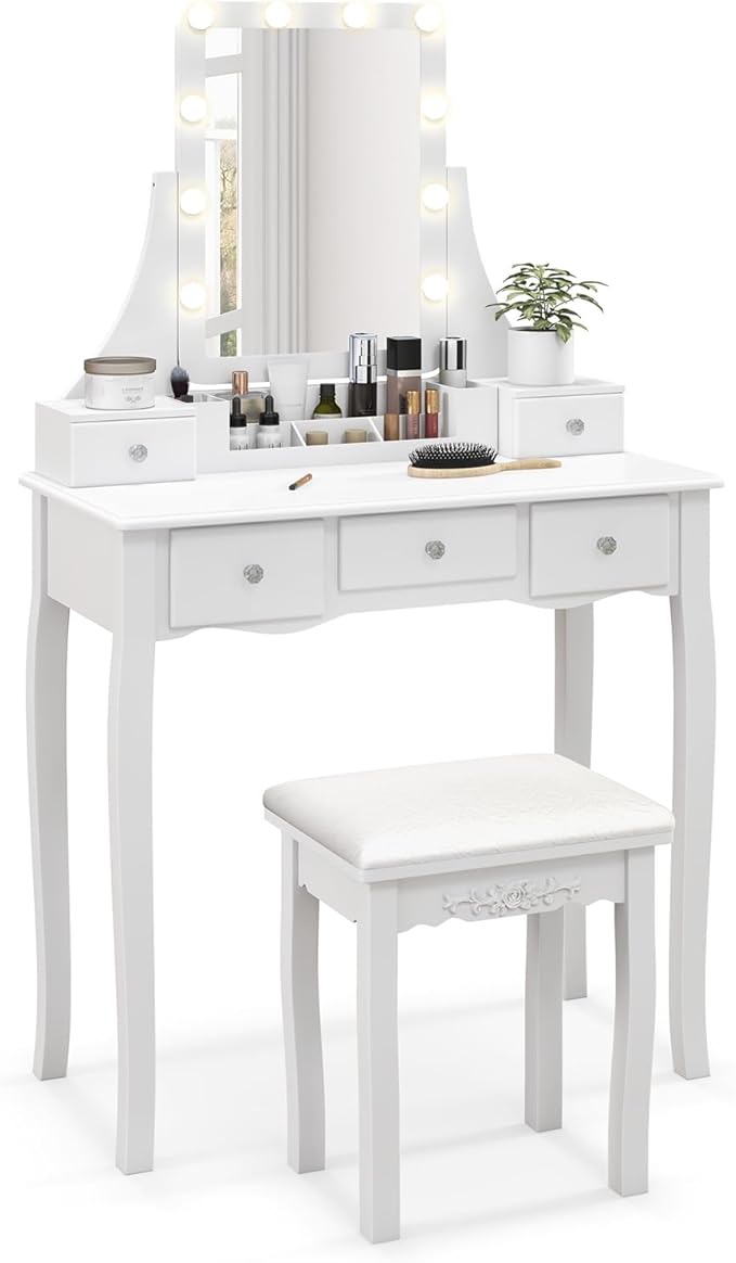CHARMAID Vanity Desk with Mirror and Lights, Makeup Vanity Table with 5 Storage Drawers, 3 Color Lighting Modes, Adjustable Brightness, Modern Bedroom Dressing Table with Vanity Stool, White