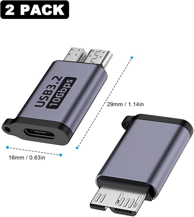 Danfetsoy Micro B to USB C Adapter 10Gbps, USB Type c Female to Micro B Male Converter Adapter for External Hard Drives, S5, Phone, Laptop (2 Pack)