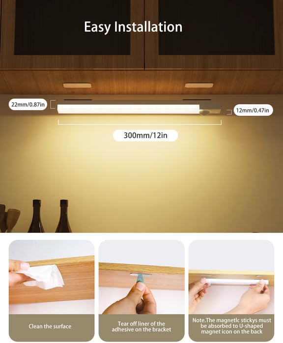Under Cabinet Lighting 12 Inches Rechargeable Motion Sensor Light Indoor, 3 Color Dimmable Closet Light Battery Operated, USB Stick on LED Magnetic Under Counter Lights for Kitchen Stair, 3Packs