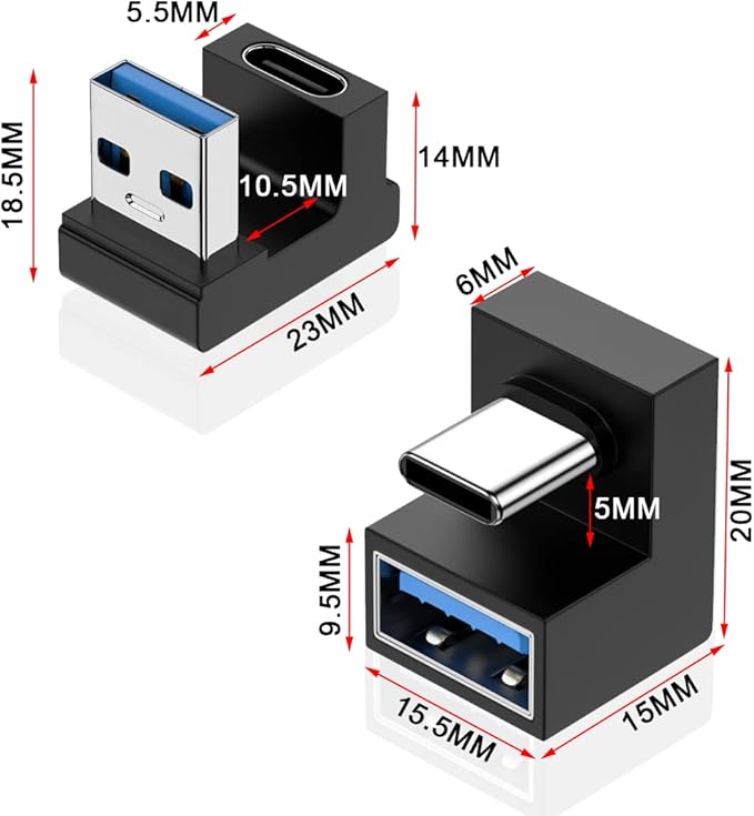 180 Degree USB A Male to USB C Female Adapter, Back Angled Opposite U Shape USB A Female to Type C Male Cable Connector Support 10Gbps & Data Transfer, for Laptops/Phone/Tablet
