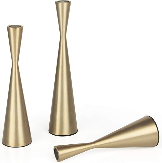 Vixdonos Brass Gold Taper Candlestick Holders Metal Candle Holders Set of 3 Table Mantel Decorative Candle Stand for Wedding, Dinning, Party,Home Decor (Gold)
