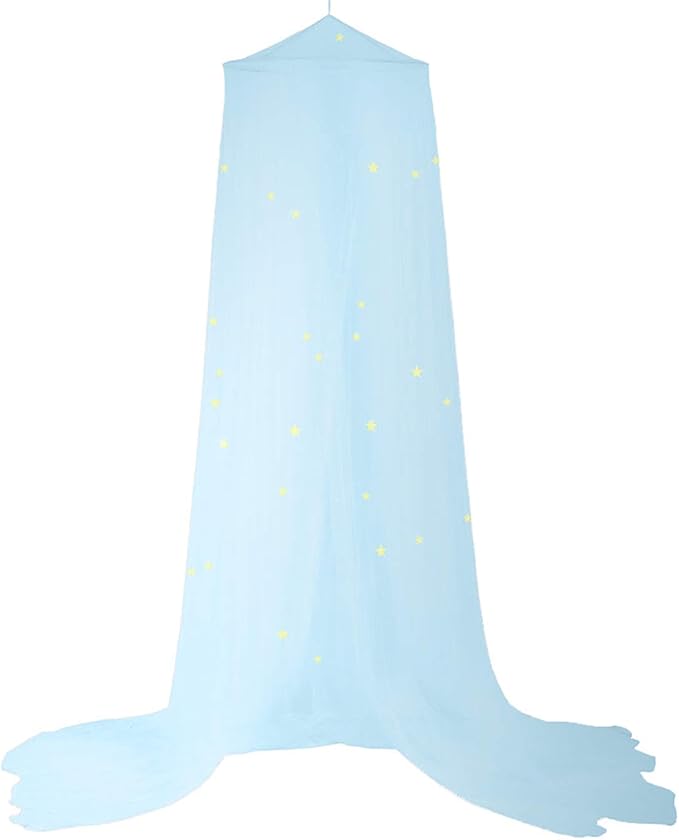 BCBYou Baby Canopy Mosquito Net with Fluorescent Stars, Glow in Dark for Kids, Adults & Full Size Bed (Light Blue)