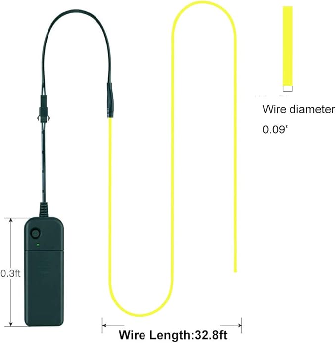 MaxLax EL Wire Lemon Green, 32.8ft/10m Portable Battery Pack Neon Light Strip 360° Cuttable Glowing Rope Lights for Parties, Halloween, DIY Decoration