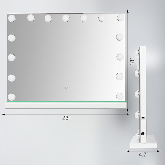 Hollywood Vanity Mirror with Lights, 23"x18" Lighted Makeup Mirror for Desk/Wall Mount with 15 Led Bulbs, 3 Lighting Modes for College Dorm, Bedroom & Dressing Room (White)