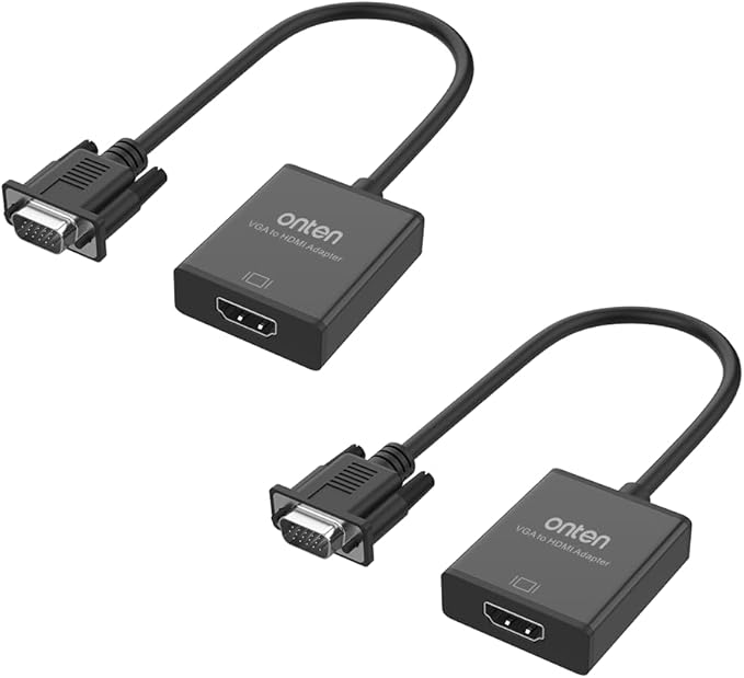 ONTEN VGA to HDMI Adapter, 1080P VGA to HDMI (Male to Female) for Computer, Desktop, Laptop, PC, Monitor, Projector, HDTV with Audio Cable and USB Cable (Black) (2 Pcs)