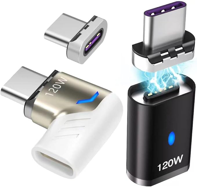 Magnetic USB C Adapter Right Angle White + USB C Magnetic Adapter Straight Black -3 Tips 120w Fast Charging 5Pin 480Mbps Data Transmission