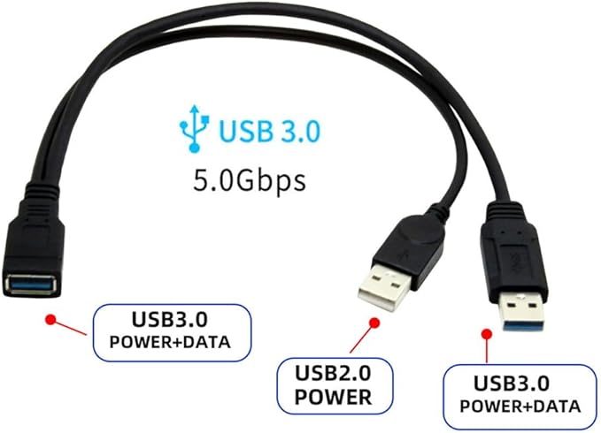 NFHK Black USB 3.0 Female to Dual USB Male Extra Power Data Y Extension Cable for 2.5" Mobile Hard Disk