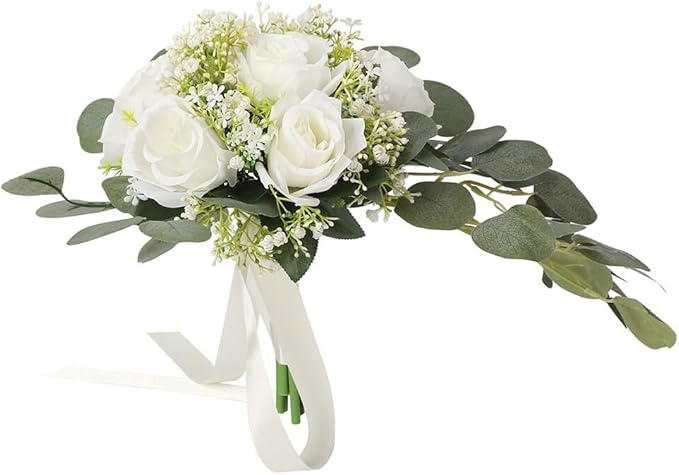 Wedding Rose Bouquet Bridesmaid Flower Bouquets, Artificial Rose White Wedding Bouquets for Bride Bridesmaid Bouquet Faux Bouquet Bride Bridesmaid Holding Flower for Wedding Decor