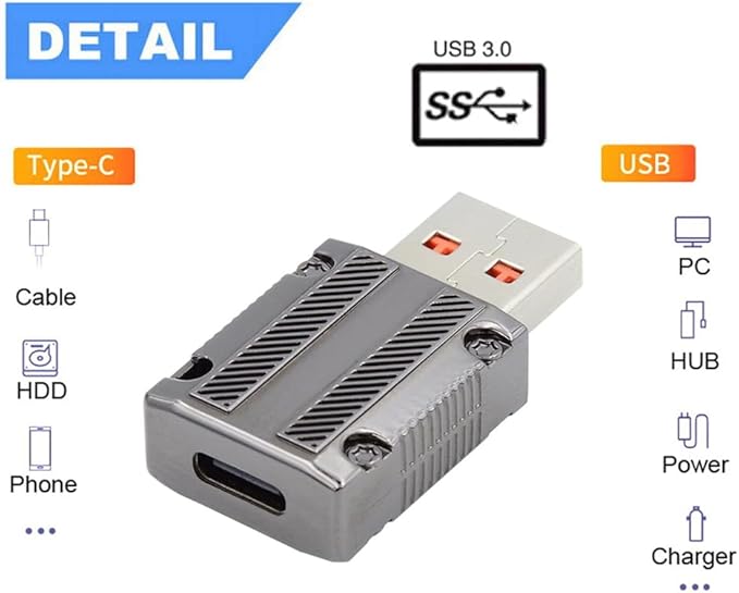 NFHK USB-C USB 3.1 Type C Female to USB 3.0 A Male 10Gbps Data 120W Power Adapter Alloy Shell for Laptop Tablet Mobile Phone