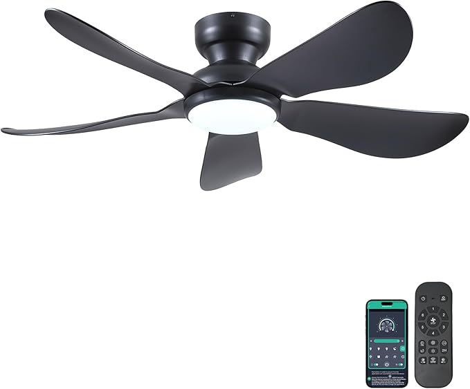 46 Inch Modern Ceiling Fans with Lights, Flush Mount Ceiling Fan with Light and Remote/APP Control, 5 Reversible 6 Speeds Curved Blades, 3 CCT Dimmable Lights for Bedroom, Black