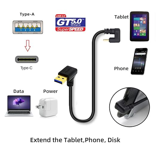 NFHK Up Angled USB3.0 Type-A to Type C USB-C Male to Male Power Data Cable 5Gbps USB-C Opposite U Shape Back Angled