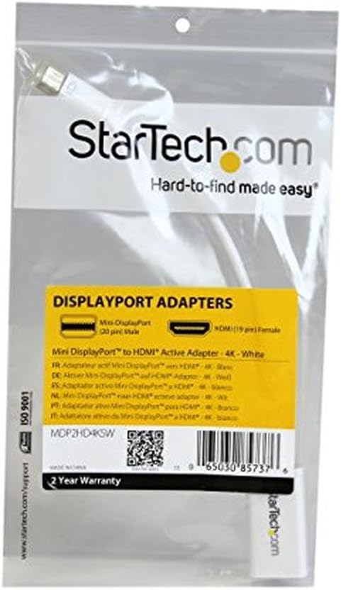 StarTech.com Mini DisplayPort to HDMI Adapter - Active mDP to HDMI Video Converter - 4K 30Hz - Mini DP or 1/2 Mac/PC to HDMI Monitor/TV/Display - mDP 1.2 to HDMI Adapter Dongle - White (MDP2HD4KSW)