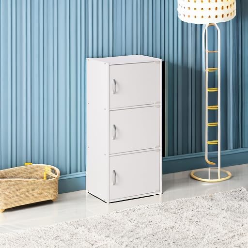 Hodedah Heavy Duty Engineered Wooden 3 Door Enclosed Multipurpose Storage Cabinet with Included Hardware for Easy Assembly, White