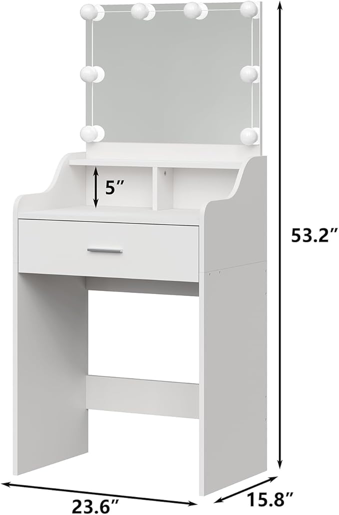 Furniouse Vanity Desk with Mirror and Lights, 23.6" Small Makeup Vanity Table Set with Storage, Drawer, 3 Lighting Modes Adjustable Brightness for Bedroom