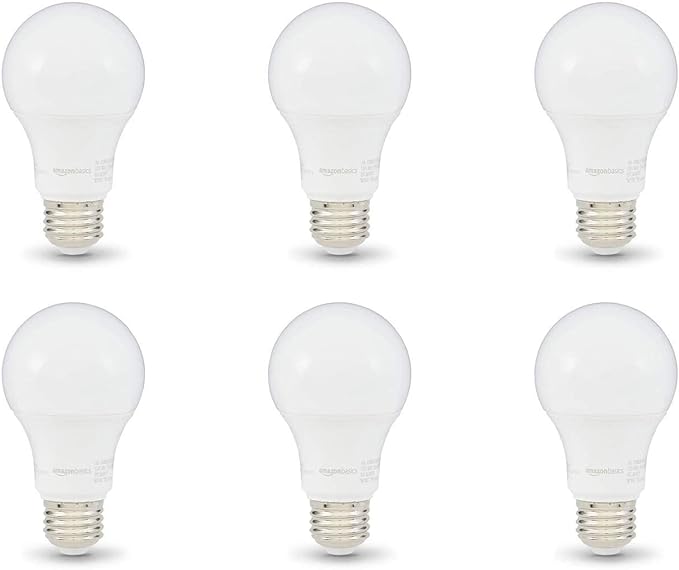 Amazon Basics A19 LED Light Bulbs, 60 Watt Equivalent, Energy Efficient 9W, E26 Standard Base, Daylight White 5000K, Dimmable, 10,000 Hour Lifetime , 6-Pack