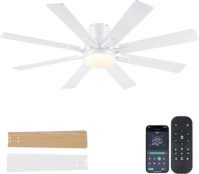 Ceiling Fans with Lights- 52" Low Profile Indoor Ceiling Fan with Light and Remote/APP Control, 8 Blade,Flush Mount, LED Dimmable DC Reversible Modern Ceiling Fan for Bedroom（White）
