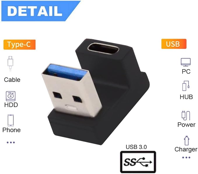 CY USB-C Type C Female Opposite U Shape Back Angled to USB 3.0 A Male Data Adapter for Laptop Desktop