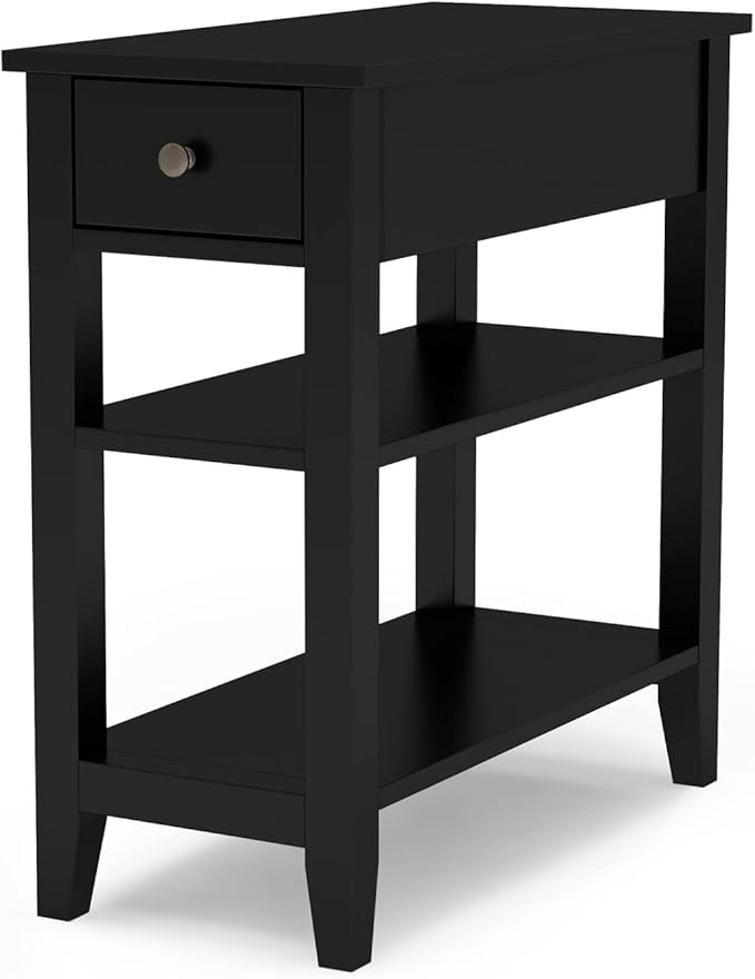 ChooChoo Side Table Living Room, Narrow End Table with Drawer and Shelf, 3-Tier Sofa End Table for Small Space, Black
