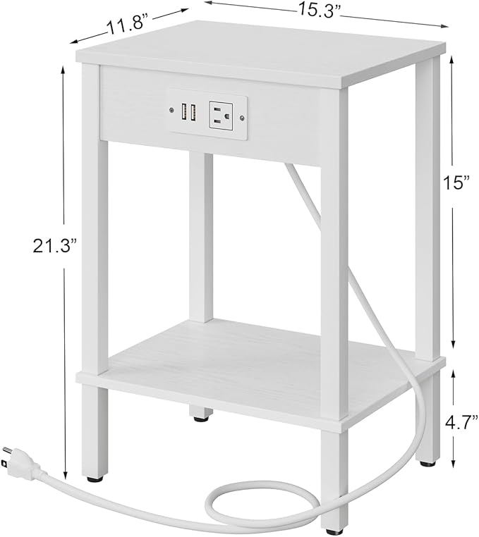 VIMBER Set of 2 End Table with Charging Station, Narrow Side Table with USB Ports and Outlets, Nightstands with 2-Tier Storage Shelves, Sofa Table for Small Space Living Room Bedroom, White UTBT102W2