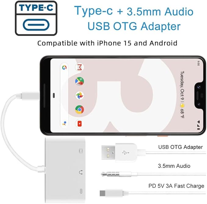 NFHK Type C USB-C to 3.5mm Audio AUX & Type-A USB2.0 OTG Female with PD Power Charge Adapter Compatible with Laptop Tablet Phone