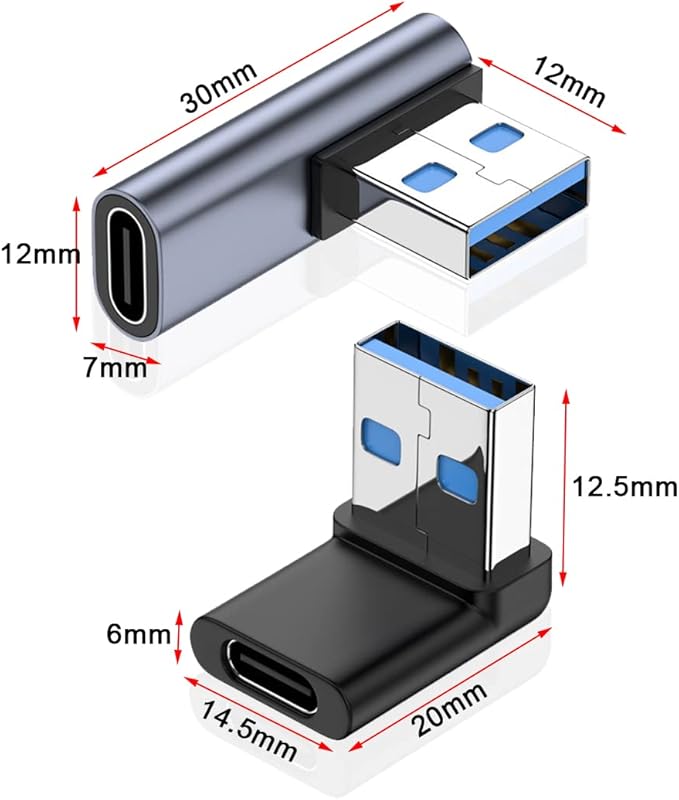 Right Angle USB A Male to USB C Female Adapter, 90 Degree USB 3.0 to Type C Cable Connector Support Unidirectional Sides 10Gbps & Data Transfer, for Laptops/Phone/Tablet/PC