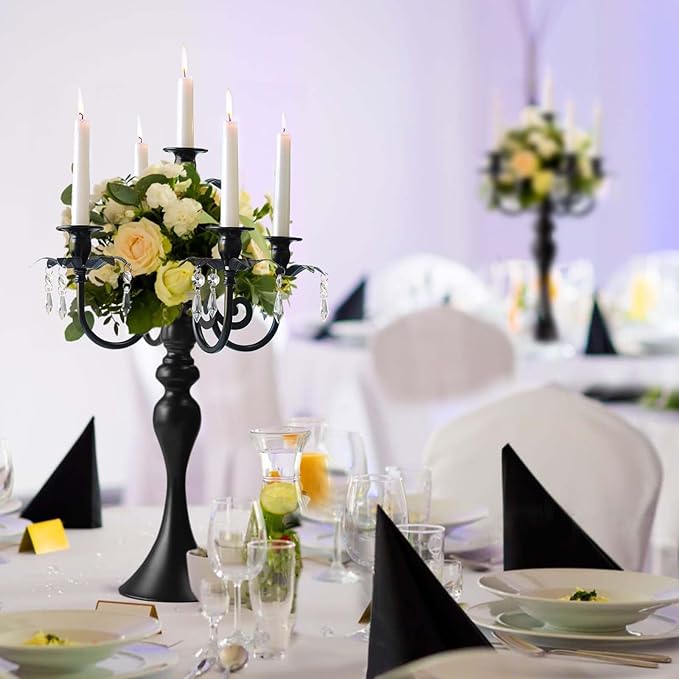 20''Tall Black Crystal Pendant Taper Candle Holders/Stylish Candle Stands/Candlesticks Holder/Candelabra for Home Decor, Weddings/Parties/Elegant Dining Table Centerpiece (1, Black, 5 Arm)