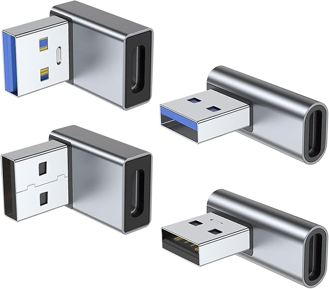 AreMe 90 Degree USB to USB C Adapter 4 Pack, Up and Down Angle, Left and Right Angle Type C Female to A Male Converter Extender for PC, Laptop, USB A Charger, Power Bank and More (Grey)