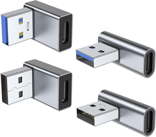 AreMe 90 Degree USB to USB C Adapter 4 Pack, Up and Down Angle, Left and Right Angle Type C Female to A Male Converter Extender for PC, Laptop, USB A Charger, Power Bank and More (Grey)