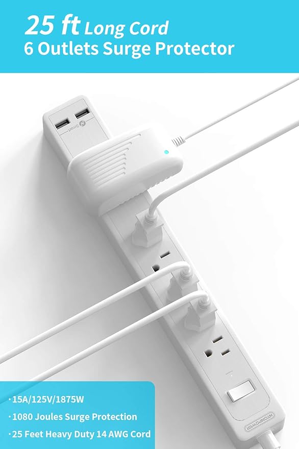 25ft Extension Cord Power Strip, 6 Outlets Surge Protector with 2 USB Ports, 15 A Circuit Breaker, Widely Spaced Outlet, Long Power Strip with Flat Plug Wall Mount for Home Office, Old House
