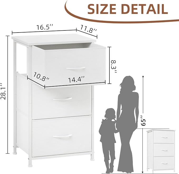 Somdot Dresser for Bedroom with 3 Drawers, Storage Organizer Chest of Drawers with Removable Fabric Bins for Closet Bedside Living Room Laundry Entryway Hallway, White Leather