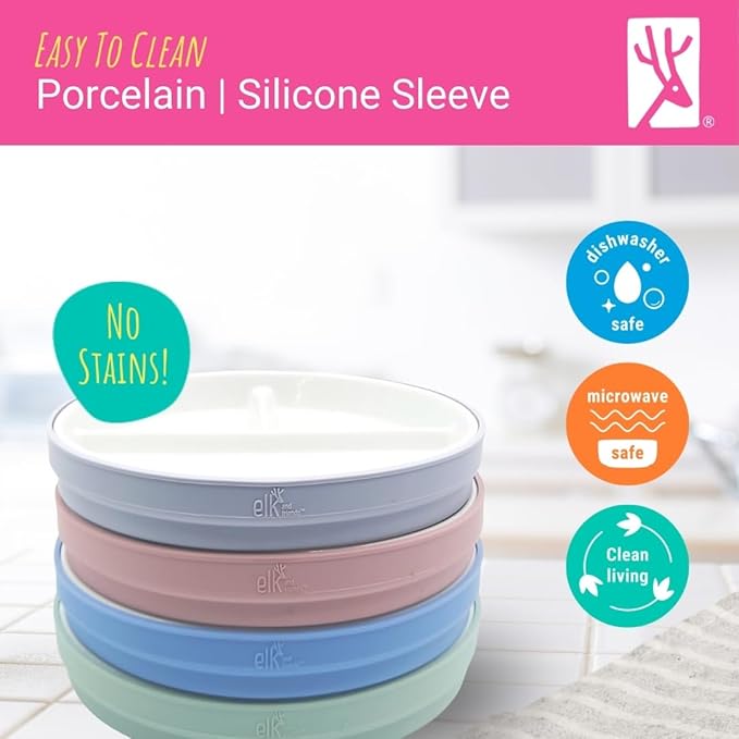 Elk and Friends Kids 7.8” Porcelain Divided Plates with Silicone Suction Sleeves | Suitable for Kids/Toddlers | Microwave & Dishwasher Safe | Non Slip | Snack Dishes | 4 Pack
