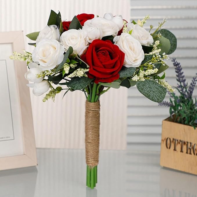 Rose Wedding Bouquet - Artificial Red White Flowers for Bride and Bridesmaid - Faux Holding Flower for Wedding Decor