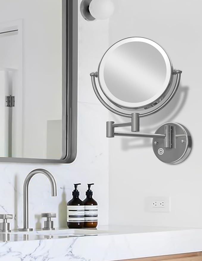 Wall Mounted Makeup Mirror with Lights Hardwired, 1/5X Magnifying Double Sided Touch Dimming, 360 Rotation Extension Arm Shaving Light up Mirror for Bathroom, Chrome