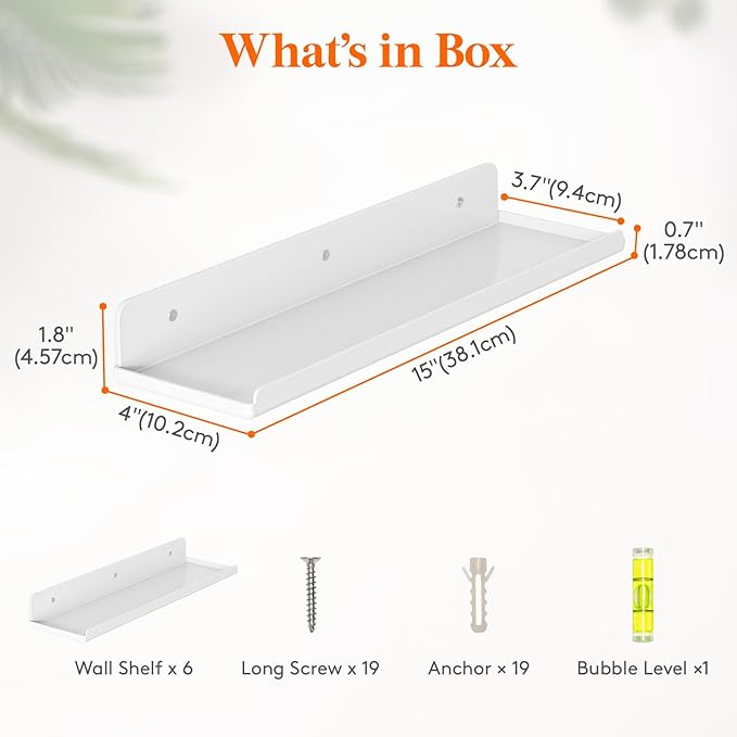 Lifewit Floating Shelves for Wall, 6 Pack White Acrylic Shelf 15" Room Decor for Bookcase/Vinyl Record Display/Photo/Picture in Bedroom, Living Room, Bathroom, Kitchen Storage and Organization