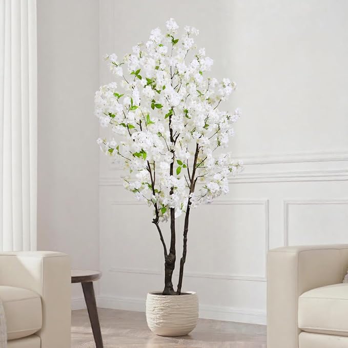 Large Artificial Cherry Blossoms Tree Indoor Faux Cherry Blossom Tree White 6FT Bedroom Trees for Home Decor