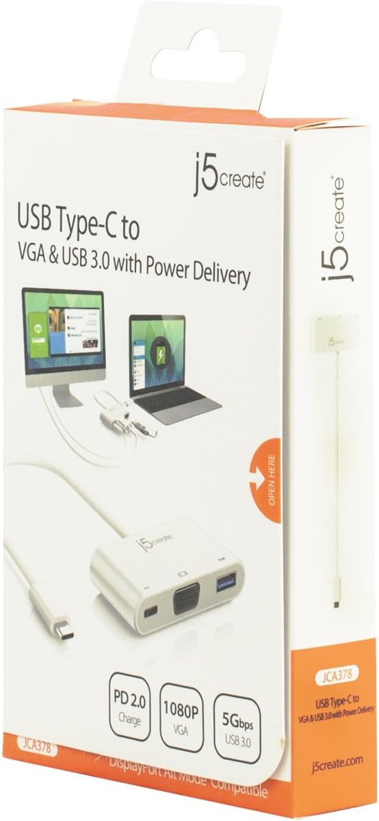 j5create USB-C to VGA & USB 3.0 - Power Delivery | USB Super Speed 3.0 Port | 5 Gbps | 1920 x 1200 @ 60 Hz | 1080p Video Playback | Compatible with USB C Devices