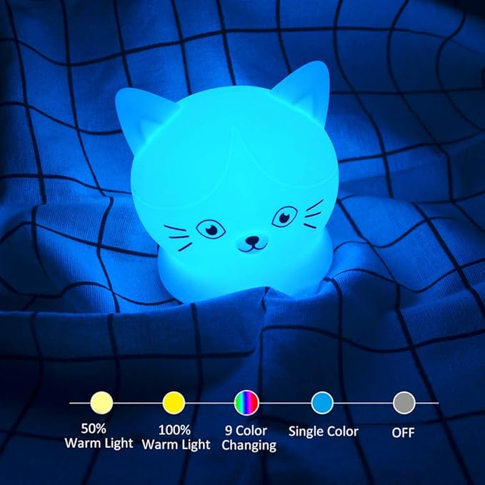 Cat Night Light, Rechargeable LED Bedside Lamp for Children, 9 Changeable Colors Silicone Nursery Lamp for Breastfeeding, Eyes Caring, Tap Adjustable Brightness & Color, Remote Control