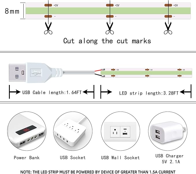 LED Strip Lights ICE Blue COB 320 LEDs High Brightness Indoor Use Flexible Thin LED Lights for Home DIY Display Cabinet 5V USB LED Short Light, Commercial Decoration TV Lights (3.28FT/3Pack)