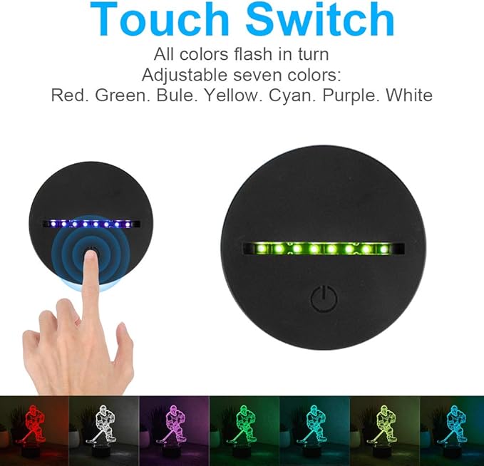 Hockey Player 3D Night Light Lamps for Kids 7 LED Color Changing Touch Table Desk Lamps Lighting Cool Toys Gifts Birthday Xmas Decoration for Sports Hockey Fan