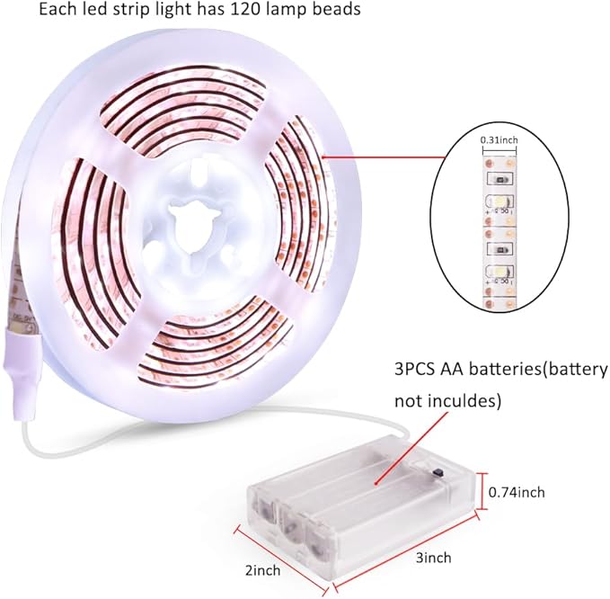 Battery Powered Led Strip Lights White, LED Strip Lights Waterproof Battery Operated Led Light Strip, Flexible, Cuttable Led Strip Lights for PC TV Mirror Kitchen Cabinet Shelves, Room Decor 13.2FT