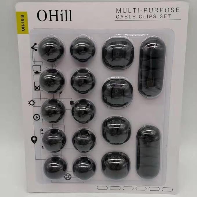 OHill 16-Pack Black Cord Organizer - Adhesive Cable Clips Holder for Desk, Wall, Car - Wire Management Clips for iPhone Charger, USB, Computer Cables -Cord Keepers with Strong Sticky Backing