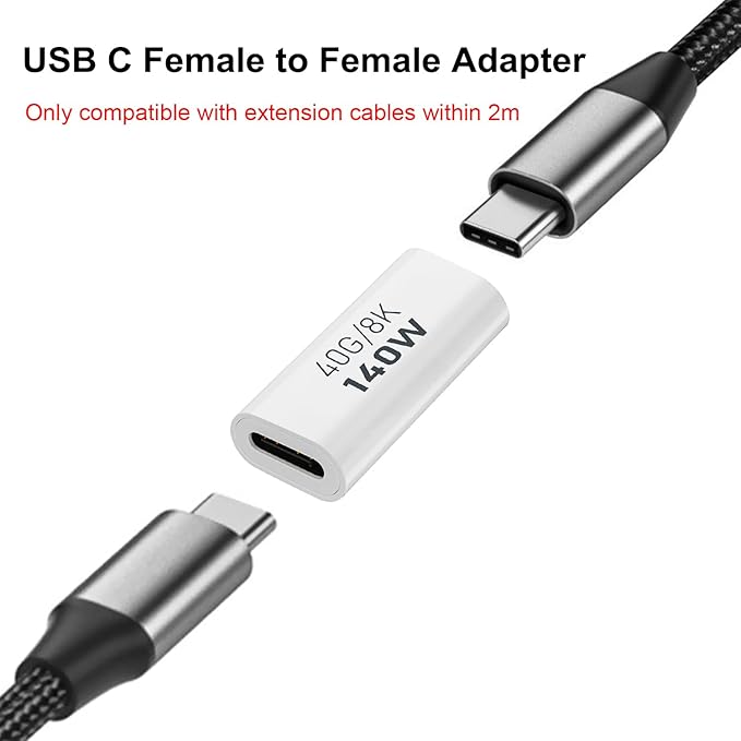 AreMe 2 Pack USB C Female to Female Adapter, USB Type C Coupler Extender Support 140W, 40Gbps, 8K@60Hz for Thunderbolt 4/3, Laptop, Phones, Only Compatible with Extension Cables Within 2M (White)