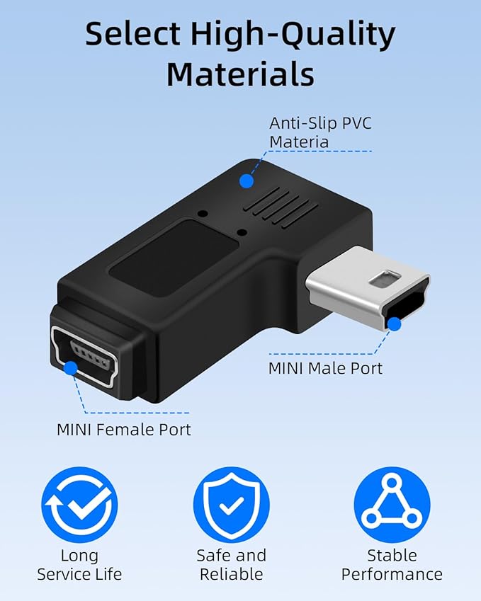90 Degree Left & Right Angle Mini USB Adapter,Mini USB 5 Pin Male to MINI USB Female Adapter for Dashcams,Bluetooth(1Pair)
