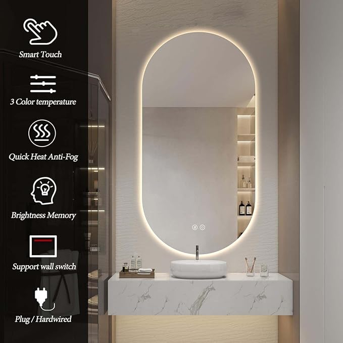 55"x28" Oval Led Bathroom Mirror with Lights, Frameless Backlit Vanity Mirror for Wall, Anti Fog Smart Mirror with 3 Colors Stepless Dimmable, Waterproof, Explosion-Proof, Vertical/Horizontal
