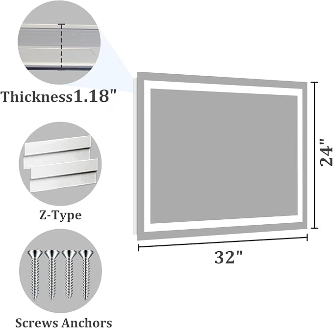 Koonmi 32x24 LED Bathroom Mirror, Backlit + Front Lit, LED Bathroom Mirror with Lights for Wall, 3 Colors, Anti-Fog, Dimmable Brightness, Memory Function, Tempered Glass