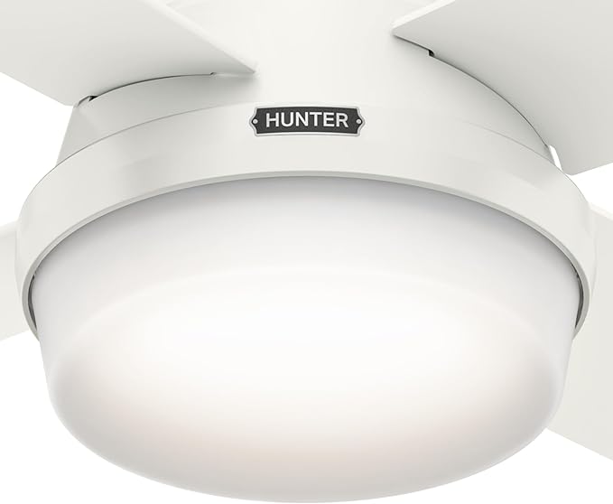 Hunter 44 inch Indoor Ceiling Fan with LED Light and Remote Control - White Modern Ceiling Fan, Low Profile Mount, 4 Blades, For Bedroom, Living Room, or Kitchen, Quiet - Dempsey 59244, Fresh White