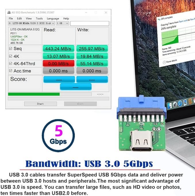 CY USB 3.1 Type C to USB 3.0 Motherboard Adapter, 19/20 Pin Header, 5Gbps, Green