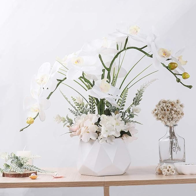 LESING Artificial Potted Orchid Flower for Table Centerpieces,Real Touch White Fake Orchid Flowers in Vase for Home Decoration ﻿(Style 2,White Vase)